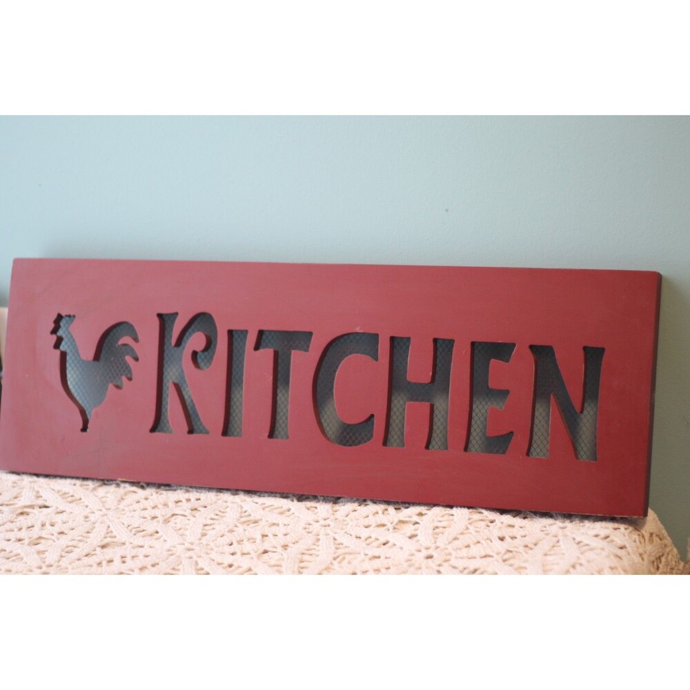 Red Decorative Kitchen Sign with Rooster Wire Background
